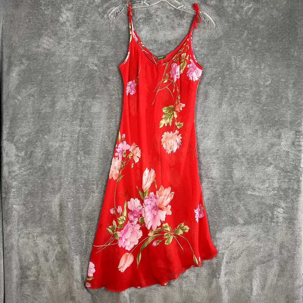 Y2K Fairy Beach Dress Womens S Red Floral Sheer Mesh Asymetrical Hem